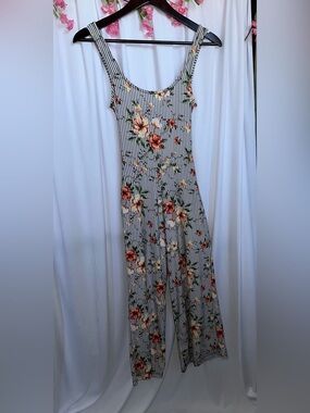 Polly & Esther White Striped Maxi Romper with Coral Floral Print